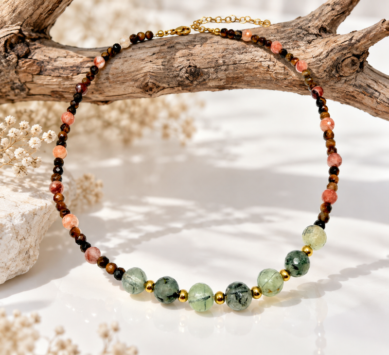 Terra - collana con pietre di ematoide, prehnite e occhio di tigre