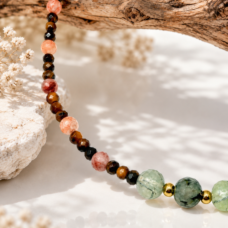 Terra - collana con pietre di ematoide, prehnite e occhio di tigre